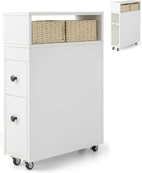 BOXED COSTWAY NARROW BATHROOM CABINET WITH 4 DRAWERS & WHEELS NICHE SHELF BATHROOM CABINET - WHITE