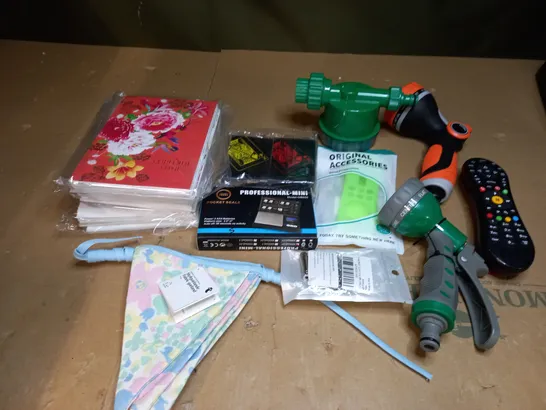 LOT OF APPROXIMATEY 15 ITEMS TO INCLUDE HOSE GUNS, GOLDEN BEADS PROFESSIONAL-MINI, TV REMOTE, ETC