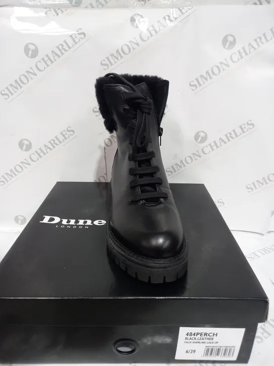 BOXED PAIR OF DUNE LACE UP BOOTS IN BLACK - SIZE 6