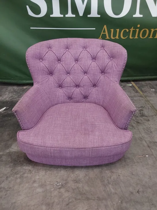 DESIGNER UPHOLSTERED BUTTONED BACK CHAIR PURPLE FABRIC WITH STUDDED DETAIL 