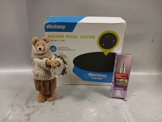 BOX OF APPROXIMATELY 5 ASSORTED ITEMS TO INCLUDE - BESTWAY ROUND POOL COVER , L'OREAL REVIT ALIFT , BEARS IN JUMPERS ETC