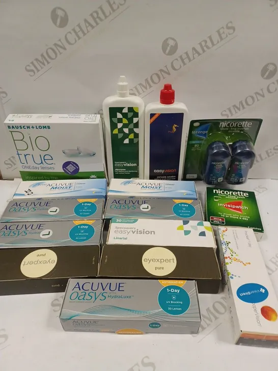 BOX TO CONTAIN APPROX. 30 X ASSORTED VISION CARE & ANTI-SMOKING PRODUCTS. INCLUDES CONTACT LENSES & CLEANING SOLUTION, NICORETTE ANTI-SMOKING PRODUCTS ETC - COLLECTION ONLY