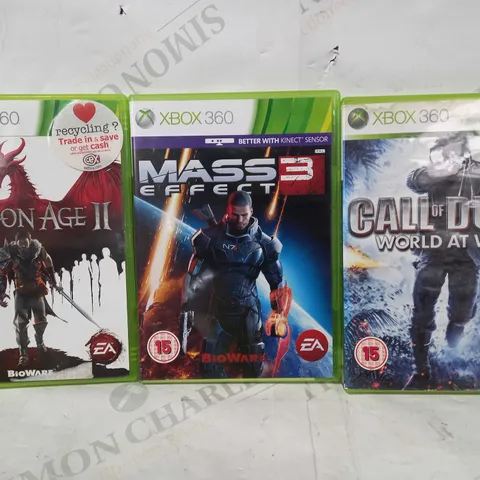 LOT OF 5 ASSORTED XBOX 360 GAMES TO INCLUDE CALL OF DUTY WORLD AT WAR, MASS EFFECT 3, DRAGON AGE 2, ETC