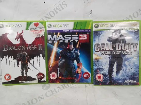 LOT OF 5 ASSORTED XBOX 360 GAMES TO INCLUDE CALL OF DUTY WORLD AT WAR, MASS EFFECT 3, DRAGON AGE 2, ETC