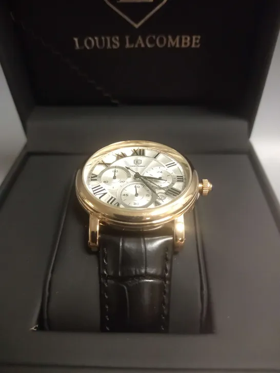 BOXED LOUIS LACOMBE TEXTURED STRAP WRIST WATCH IN BLACK/GOLD