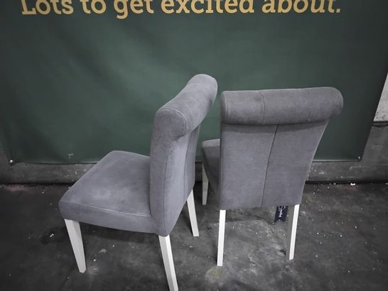 PAIR OF DESIGNER MARIGOLD UPHOLSTERED SINGLE DINING CHAIRS - SMOKE GREY FABRIC, ANTIQUE WHITE LEGE