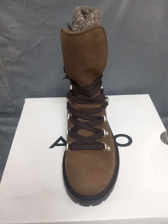 BOXED ALDO MENUDA KHAKI NUBUCK BOOTS SIZE 4