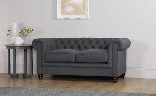 BOXED DESIGNER HAMPTON SLATE GREY FABRIC TWO SEATER CHESTERFIELD SOFA