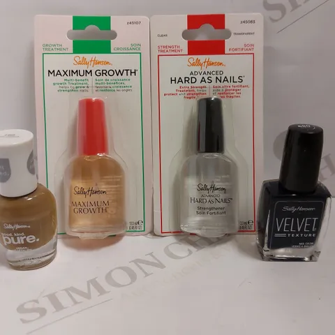 BOX OF 4 SALLY HANSEN ITEMS TO INCLUDE NAIL STRENGTH AND GROWTH TREATMENT AND SALLY HANSEN VEGAN POLISH