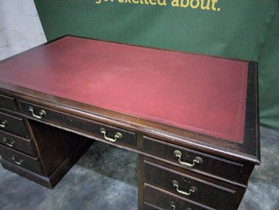MAHOGANY PEDESTAL OFFICE DESK WITH RED LEATHER INSET TOP
