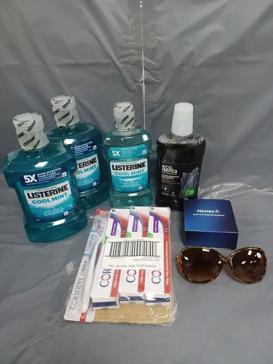 LOT OF 7 ASSORTED HEALTH AND BEAUTY ITEMS TO INCLUDE SUNGLASSES, MOUTHWASH AND TOOTHPASTE