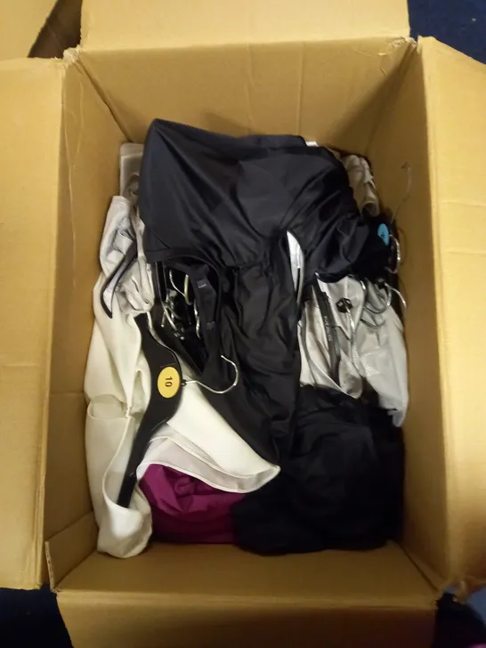 BOXED LOT OF APPROX. 20 LADIES TOPS, VARIOUS COLOURS, SIZES AND STYLES