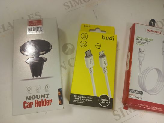 LOT OF APPROXIMATELY 10 ASSORTED HOUSEHOLD ITEMS TO INCLUDE VEN-DENS QUICK CHARGE DATA CABLE, BUDI CHARGE/SYNC CABLE, EARLDOM MAGNETIC CAR HOLDER, ETC