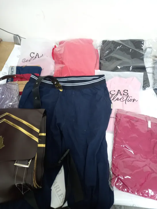 LARGE BOX OF ASSORTED CLOTHING ITEMS IN VARIOUS COLOURS AND SIZES INCLUDING TROUSERS , TOPS AND JUMPERS 