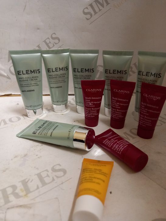 BAG OF ELEMIS AND CLARINS SKIN CARE: 6 X 15 ML TUBES ELEMIS PRO-COLLAGEN MARINE CREAM; 4 X 5 ML TUBES CLARINS SUPER RESTORATIVE NIGHT CREAM; 1 X 8 ML TUBE CLARINS HYDRATING TONIC OIL BALM