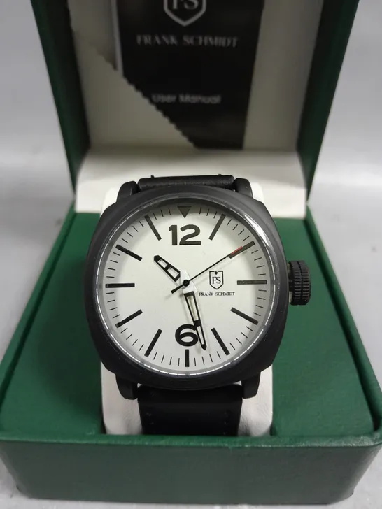 BOXED FRANK SCHMIDT LARGE BLACK CASE WHITE PILOT DIAL WATCH