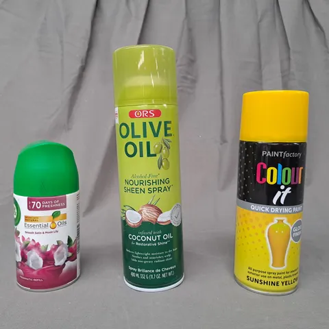 APPROXIMATELY 10 ASSORTED AEROSOL ITEMS IN INCLUDE FRESHMATIC REFILL, NOURISHING SHEEN SPRAY, YELLOW SPRAY PAINT, ETC - COLLECTION ONLY