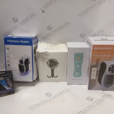 APPROXIMATELY 15 ASSORTED ITEMS TO INCLUDE DAEWOO PLUG-IN HEATER, LED LIGHT BULBS, BABY HAIR CLIPPER, ETC