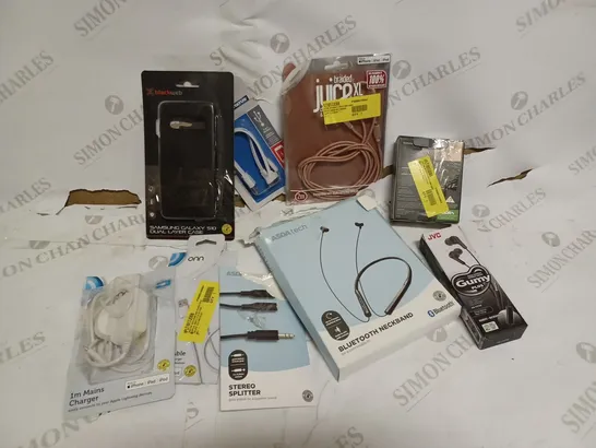 BOX OF ASSORTED ASDA ELECTRICALS INCLUDING - JUICE XL APPLE COMPATIBLE WIRE, WIRELESS, EARPHONES