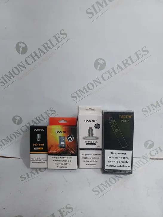 BOX OF APPROX 15 VAPE ACCESSORIES TO INCLUDE - ASPIRE POCKEX VAPE KIT - SMOK MINI V2 S2 - VOOPOO PNP-VM1 ECT