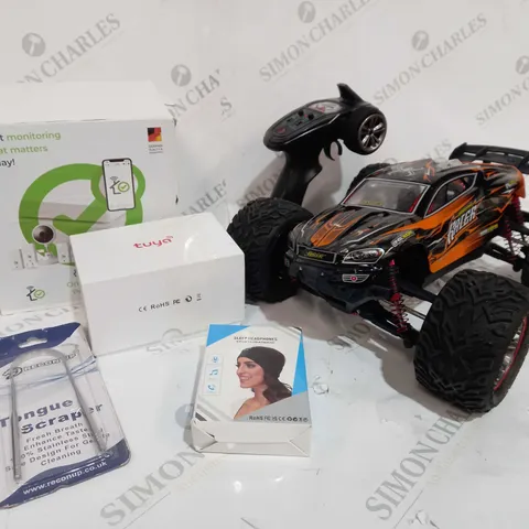BOX OF APPROXIMATELY 5 ITEMS TO INCLUDE REMOTE CONTROL CAR, HOME MONITOR KIT, SLEEP HEADPHONES ETC