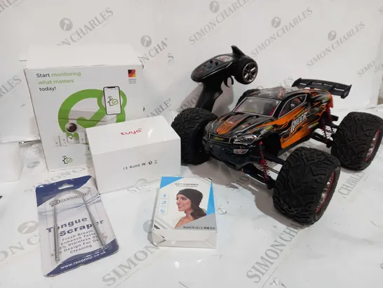 BOX OF APPROXIMATELY 5 ITEMS TO INCLUDE REMOTE CONTROL CAR, HOME MONITOR KIT, SLEEP HEADPHONES ETC