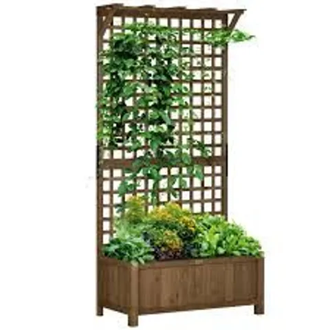 BOXED OUTSUNNY GARDEN PLANTERS WITH TRELLIS FOR CLIMBING VINES, WOOD RAISED BEDS FOR GARDEN, FLOWER POT, INDOOR OUTDOOR, BROWN