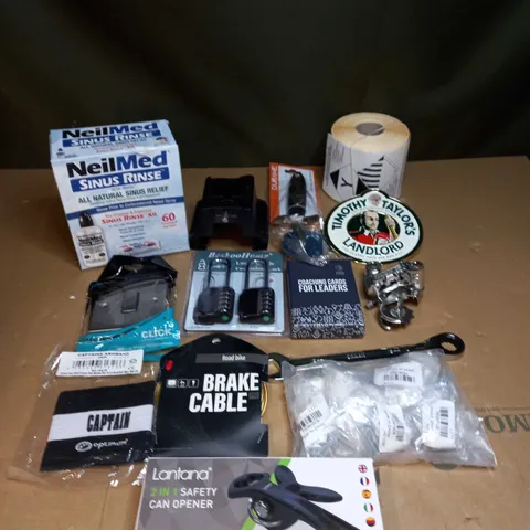 BOX OF ASSORTED ITEMS TO INCLUDE CAN OPENER, BRAKE CABLES AND LIGHT SWITCHES