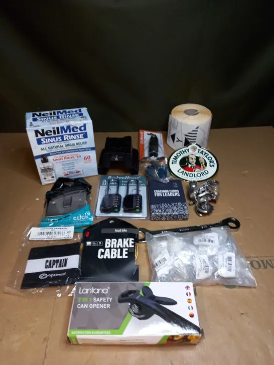 BOX OF ASSORTED ITEMS TO INCLUDE CAN OPENER, BRAKE CABLES AND LIGHT SWITCHES