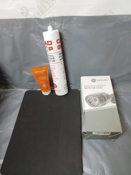 BOX OF APPROXIMATELY 20 ASSORTED HOUSEHOLD ITEMS TO INCLUDE DECOY SECURITY CAMERA, TABLET COVER AND GENERAL PURPOSE ADHESIVE