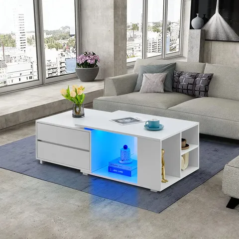 BOXED LANDIS LED LIGHT STRETCHABLE COFFEE TABLE (1 BOX, BOX 1 OF 2 ONLY)