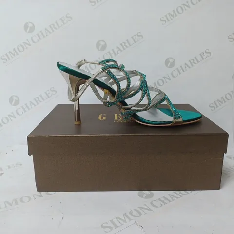 BOXED PAIR OF GEMZ LONDON HEELED STRAPPY SANDALS IN GREEN SIZE 41