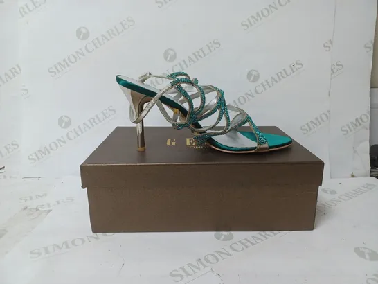 BOXED PAIR OF GEMZ LONDON HEELED STRAPPY SANDALS IN GREEN SIZE 41