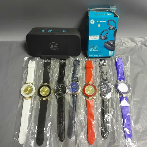 LOT OF 9 ITEMS TO INCLUDE ACOUSTIC SOLUTIONS BLUETOOTH SPEAKER, JLAB JBUD HEADPHONES AND SELECTION OF WATCHES. 