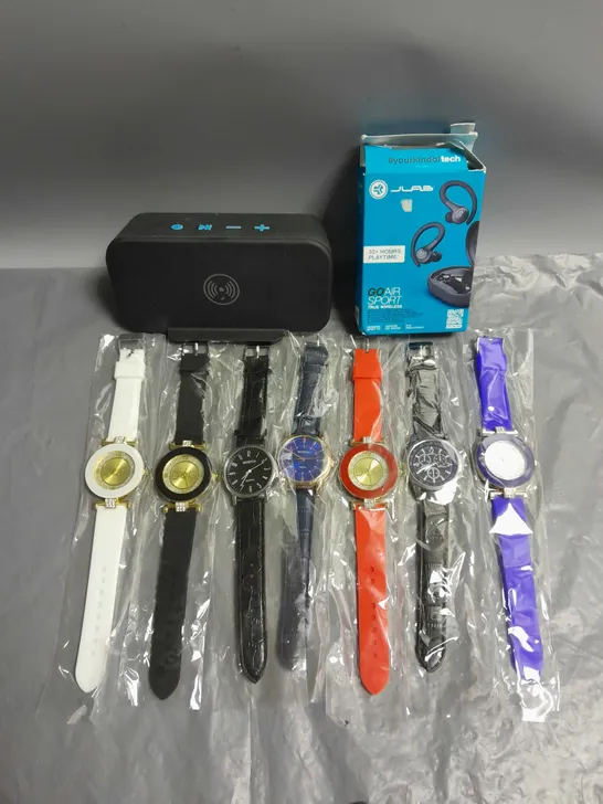 LOT OF 9 ITEMS TO INCLUDE ACOUSTIC SOLUTIONS BLUETOOTH SPEAKER, JLAB JBUD HEADPHONES AND SELECTION OF WATCHES. 