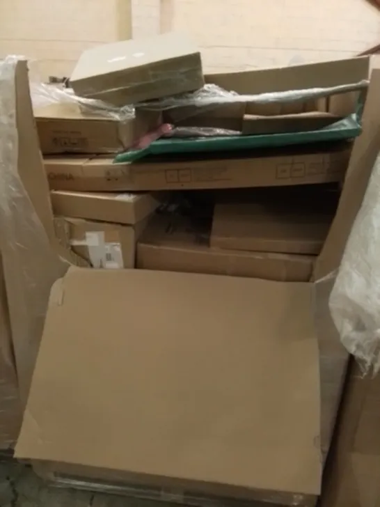 PALLET OF UNPROCESSED ITEMS TO INCLUDE TOILET SEATS, FLOOR COAT RACK, AND KITCHEN FAUCET 