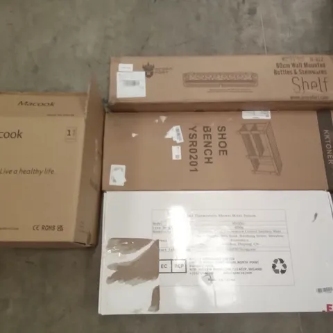 PALLET OF ASSORTED ITEMS INCLUDING CHROME THERMOSTATIC SHOWER MIXER SYSTEM, KKTONER SHOE BENCH, ACORN FORT 80CM WALL MOUNTED SHELF, MACOOK COOKER, WALL CLOCK