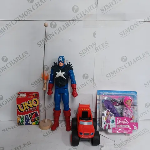 BOX OF APPROX 28 ITEMS TO INCLUDE - CAPTAIN AMERICA FIGURE - UNO CARD GAME  - BARBIE SNOWBOARDING ECT