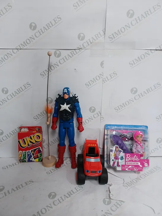 BOX OF APPROX 28 ITEMS TO INCLUDE - CAPTAIN AMERICA FIGURE - UNO CARD GAME  - BARBIE SNOWBOARDING ECT