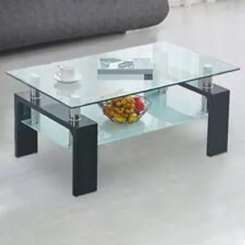 BOXED NEO BLACK MODERN RECTANGLE & BLACK GLASS CHROME LIVING ROOM COFFEE TABLE WITH LOWER SHELF