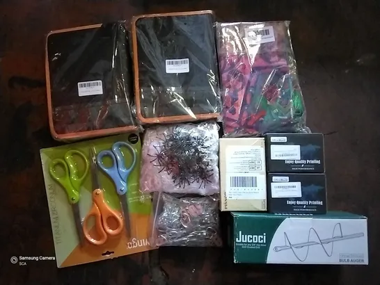 PALLET OF ASSORTED ITEMS INCLUDING TITANIUM ZIRCONIUM SCISSORS, INK CARTRIDGES, JUCOCI BULB AUGER, NATURAL PUMICE STONE, HALLOWEEN SPIDER DECORATION, HANDMADE TAPESTRY DECOR