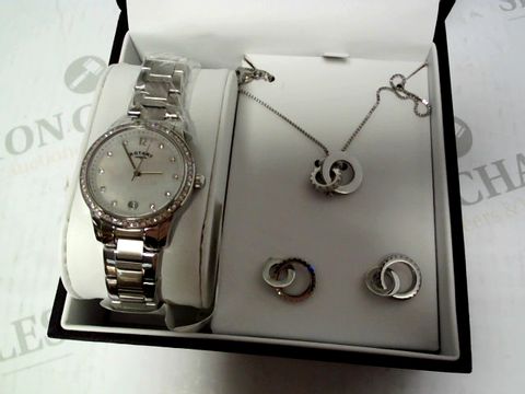 ROTARY MOTHER OF PEARL AND SWAROVSKI DATE DIAL STAINLESS STEEL BRACELET LADIES WATCH WITH NECKLACE AND EARRINGS GIFT SET RRP &pound;259.00