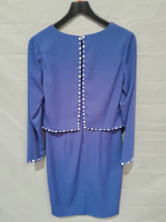 GINA BACCONI SLEEVED BLUE SEQUIN TRIMMED DRESS - UK 10