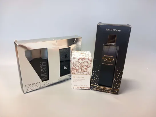 THREE ASSORTED RIVER ISLAND PRODUCTS TO INCLUDE; SIGNATURE GIFT, FLORAL GRAGRANCE COLLECTION AD PARIS BY NIGHT EAU DE TOILETTE