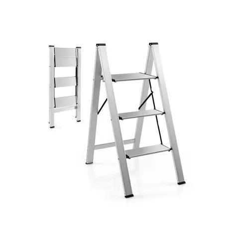 BOXED COSTWAY 3-STEP FOLDING LADDER WITH WIDE ANTI-SLIP PEDAL - SILVER