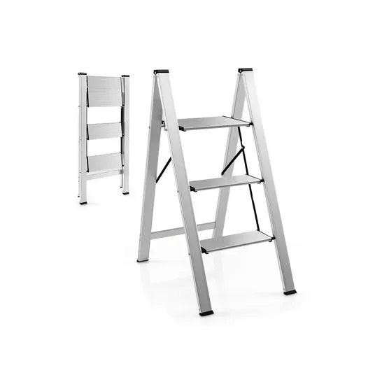 BOXED COSTWAY 3-STEP FOLDING LADDER WITH WIDE ANTI-SLIP PEDAL - SILVER