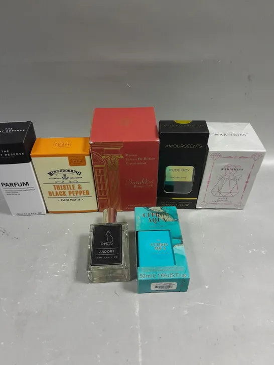 APPROXIMATELY 15 ASSORTED PERFUME/AFTERSHAVE PRODUCTS TO INCLUDE WARM KISS, CITRON AQUA, RUDE BOY ETC - COLLECTION ONLY 