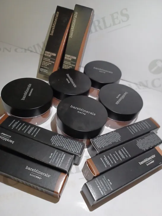 LOT OF APPROX 12 ASSORTED BAREMINERALS PRODUCTS TO INCLUDE MATTE FOUNDATION #24 NEUTRAL DARK, CONCEALER #11 TAN/DARK WARM, FOUNDATION STICK #10 SIENNA, ETC 