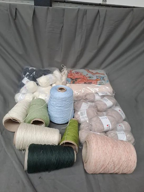 BOX OF APPROXIMATELY 15 ASSORTED ITEMS TO INCLUDE : ROLLS OF YARN & THROWS