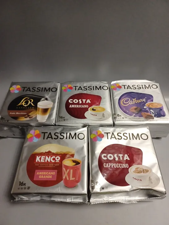 5 X SEALED TASSIMO COFFEE PODS ASSORTMENT TO INCLUDE CADBURY, AMERICANO, L'OR ESPRESSO ETC 